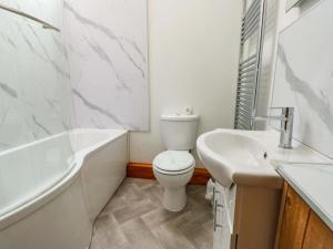 a white bathroom with a toilet and a sink at Bythyn Ddol Hafod in Capel Curig +11 photos
