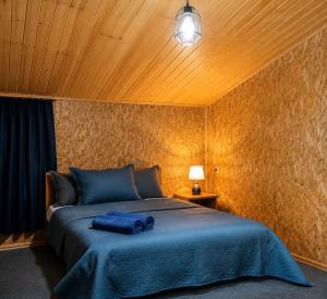 a bedroom with a bed with a blue blanket on it at Ushguli Terrace in Ushguli