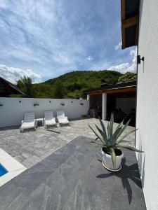 two chairs and a potted plant on a patio at Pool House in Toplica