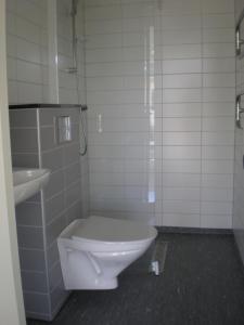 a bathroom with a toilet and a sink at Ringsjöstrand Camping, Hotell och Stugby in Hörby +26 photos