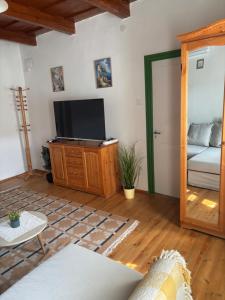 a living room with a television and a bed at Sárga-part Vendégház in Cserépváralja