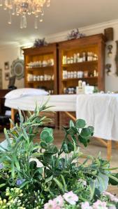 a dining room with a table and some plants at Body & Mind Beautiful - Suites Elegantes e Charmosas in Franca