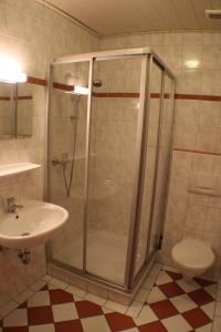 ein Badezimmer mit Dusche und Waschbecken in der Unterkunft Reiterhof Könning in Freren