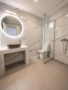 a bathroom with a sink and a toilet and a mirror at Panagiotis' Seaside Apartment, Giorgos`House in Gialova