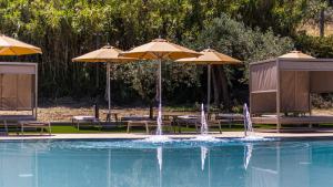 a swimming pool with umbrellas and tables and chairs at Hotel President in Vasto