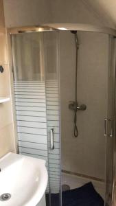 a bathroom with a shower and a sink at Pärlan 1 in Balatonboglár