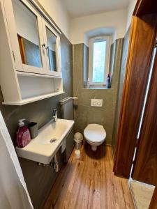 a small bathroom with a sink and a toilet at Ferienhaus zum Wasserfall in Bernkastel-Kues +8 photos