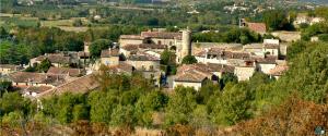 a small town with houses on a hill with trees at La Casa Liberta in Salavas