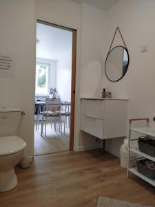 a bathroom with a toilet and a mirror on the wall at le chardonneret in Commer