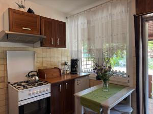 a kitchen with wooden cabinets and a stove and a window at Bokaczówka in Ustka
