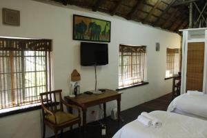 a bedroom with a desk and a bed and a tv at Gender Links Cottages in Johannesburg