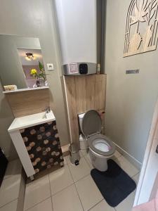 a bathroom with a toilet and a sink at Le nid gourmand in Andryes