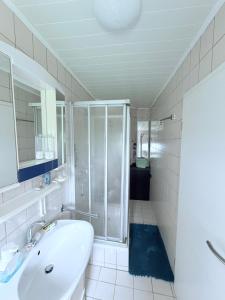 a white bathroom with a shower and a sink at Ferienwohnung Lebensbaum in Trimberg in Elfershausen +6 photos