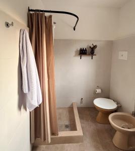 ein Badezimmer mit Toilette und Duschvorhang in der Unterkunft Hotel Aleph in Capilla del Monte + 56 Fotos