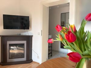 a living room with a fireplace and red tulips at Gallery - Terrasse mit Seeblick und Garten in Altmünster