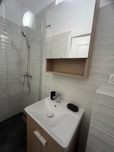 a bathroom with a white sink and a shower at Central View Penthouse & Parking in Târgu-Mureş +26 photos