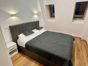 a bedroom with a large bed with two pillows on it at Central View Penthouse & Parking in Târgu-Mureş