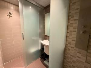 a small bathroom with a sink and a shower at Loft Elegante Norte de Madrid in San Sebastián de los Reyes