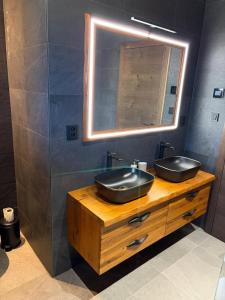 a bathroom with two sinks and a mirror at Chalupa Sandra in Vítějeves