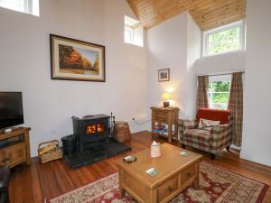 a living room with a wood burning stove in it at Rosslare Cottage in Broughshane