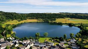 an aerial view of a village with a lake at Exclusiv Apartment - Seepanorama in Schalkenmehren