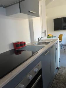 a kitchen with a sink and a counter top at La maison du bonheur in Audenge