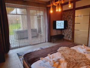 a bedroom with a bed and a tv and a window at Eifel Dream Casa29 in Burbach
