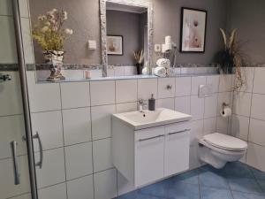 a bathroom with a toilet and a sink and a mirror at Eifel Dream Casa29 in Burbach +7 photos