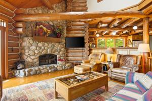 a log cabin living room with a stone fireplace at Viewtopia in Suttons Bay