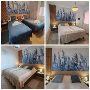 three pictures of a hotel room with two beds at Casa di Emilia Iseo in Predore