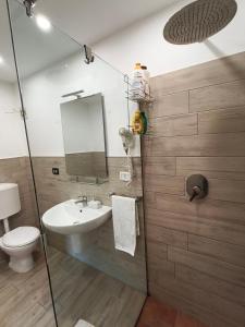 a bathroom with a sink and a toilet and a mirror at Affittacamere La Casa Del Tiglio in Modena