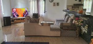 a living room with two chairs and a tv at Bethany in Rivière Dragon