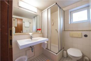 a bathroom with a sink and a shower and a toilet at Hotel Bürkls Kirnbachtal in Niefern-Öschelbronn