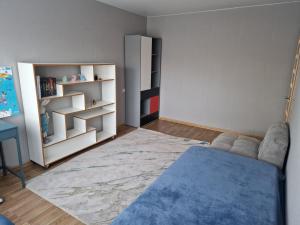 a living room with a couch and a blue rug at Cozy 3 room appartment in Klaipėda +8 photos