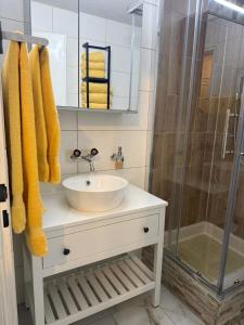 a bathroom with a sink and a shower at Mountain Holiday Leukerbad Free Parking and WiFi Playroom 96 in Leukerbad
