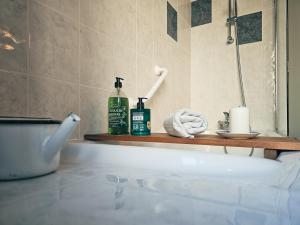 a bathroom with a bath tub and a shower at Auberge de Chanteuges in Chanteuges +33 photos