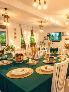 a green table with plates of food on it at Pensiunea Anda in Călăţele