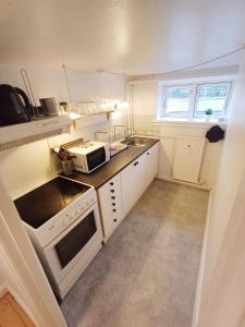 a small kitchen with a sink and a microwave at Central apartment in Aalborg close to Hospital in Aalborg