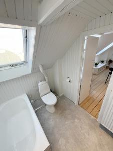 a bathroom with a toilet and a tub and a window at Bright and central city apartment near Aalborg Bus in Aalborg