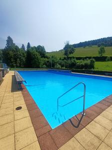 a large swimming pool with a bench next to it at Schöne Aussicht in Todtnau +48 photos
