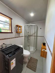 a small bathroom with a shower and a toilet at Cabañas Lago Huillinco in Chonchi +21 photos