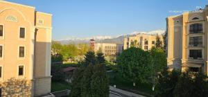 a city with buildings and trees and mountains in the background at Corps Rose Velley in Almaty