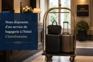 a luggage cart in a hallway with a sign that reads nos diagnoses dun service de at Hôtel Clairefontaine in Paris
