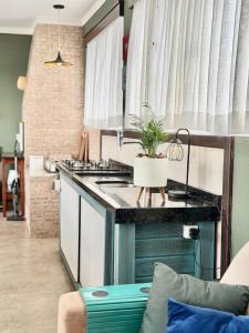 a kitchen with a counter with a plant on it at Quarto 2P Joinville Costa e Silva perto Centro in Joinville