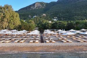 a group of lounge chairs and umbrellas on a beach at Ionian Crown Suites in Barbati in Barbati