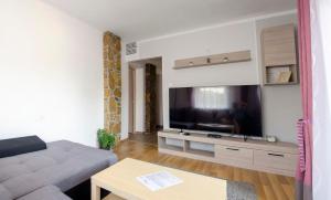 a living room with a couch and a large flat screen tv at Privet Apartman in Balatonfüred