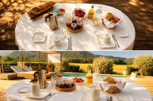 a white table with food and drinks on it at La Tuiliere in Oraison