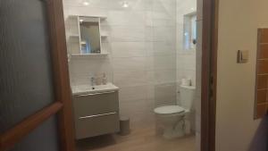 a bathroom with a toilet and a sink and a mirror at Domki Magda Rewal in Rewal +66 photos