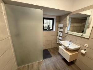 a bathroom with a sink and a mirror at Gästeunterkunft Am Hirschbach in Hirschbach +6 photos