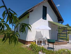 a small white building with a table and an umbrella at Studio apartman Matea in Budačka Rijeka